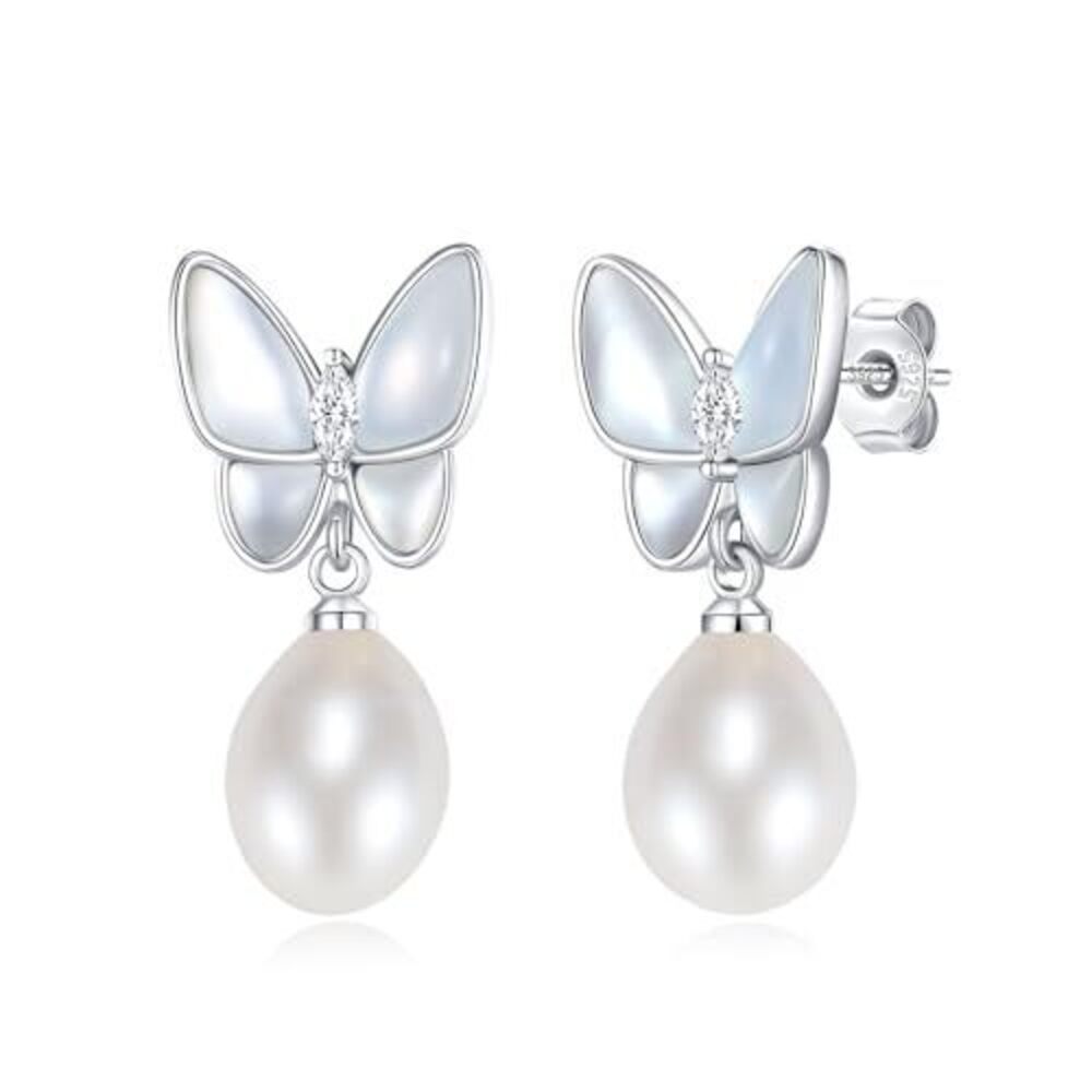 YAMI Women's Butterfly Earrings Hanging Baroque Pearls 925 Sterling Silver Stud